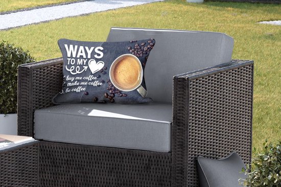 Coussins d'extérieur - Jardin - Citation de Café 'Ways to my heart' sur fond avec une tasse de café et des grains de café - 50x30 cm