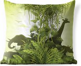 Sierkussen Afrika illustratie voor buiten - Groene illustratie van Afrika met wilde dieren - 40x40 cm - vierkant weerbestendig tuinkussen / tuinmeubelkussen van polyester