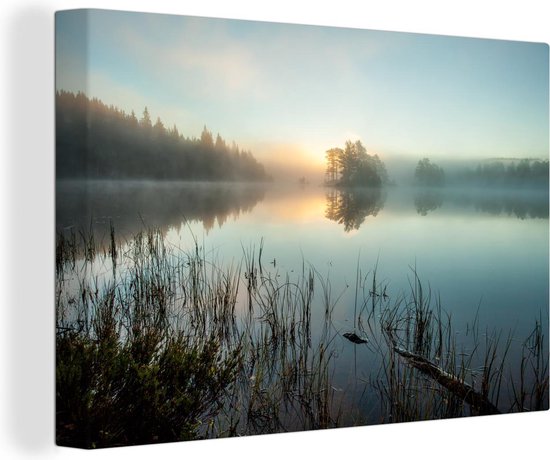 Lever de soleil au lac Toile 180x120 cm - Tirage photo sur toile (Décoration murale salon / chambre) XXL / Groot format!
