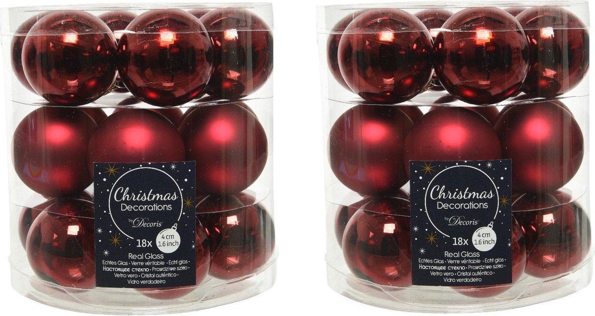 54x stuks kleine kerstballen donkerrood (oxblood) van glas 4 cm - mat/glans - Kerstboomversiering