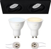 PHILIPS HUE - LED Spot Set GU10 - White Ambiance - Bluetooth - Primux Borny Pro - Inbouw Rechthoek Dubbel - Mat Zwart - Kantelbaar - 175x92mm