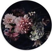 Dibond Wandcirkel - Donker Boeket met Roze Bloemen - 120x120cm Foto op Aluminium Wandcirkel (met ophangsysteem)