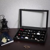 sieradenlade, juwelendoos met 24 vakken, sieraden-organizer met fluwelen voering, glazen deksel en slot, cadeau-idee, zwart JDS303, glas, 35 x 24 x 4,3 cm