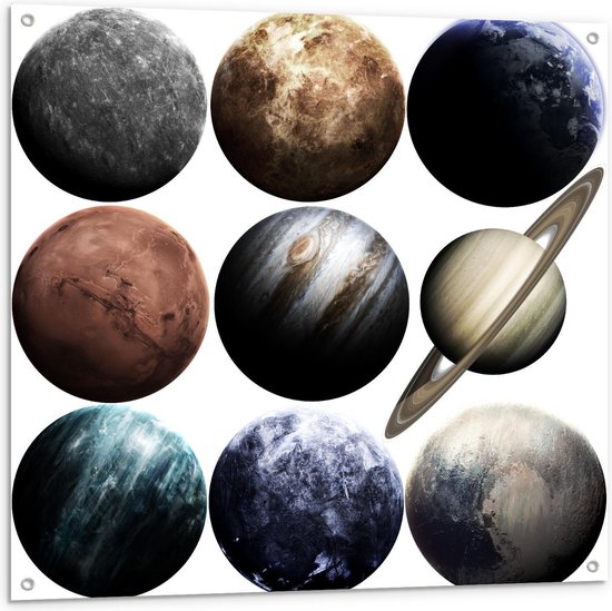 Tuinposter – Verschillende Planeten - 100x100cm Foto op Tuinposter  (wanddecoratie voor buiten en binnen)
