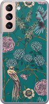 Samsung Galaxy S21 Plus siliconen hoesje - Vogels Japanse bloemen - Soft Case Telefoonhoesje - Blauw - Bloemen