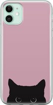 iPhone 11 hoesje - Zwarte kat - Soft Case Telefoonhoesje - Print - Roze