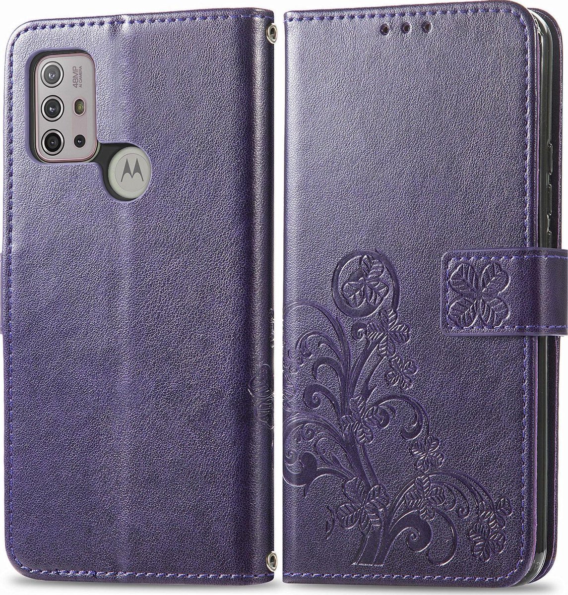 Mobigear Telefoonhoesje geschikt voor Motorola Moto G30 Hoesje | Mobigear Clover Bookcase Portemonnee | Pasjeshouder voor 3 Pasjes | Telefoonhoesje voor Pinpas / OV Kaart / Rijbewijs - Paars