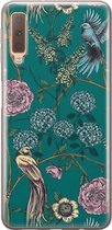 Samsung Galaxy A7 2018 siliconen hoesje - Vogels Japanse bloemen - Soft Case Telefoonhoesje - Blauw - Bloemen