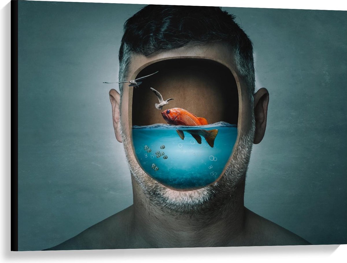 Canvas - Aquarium Hoofd van Man - 100x75cm Foto op Canvas Schilderij (Wanddecoratie op Canvas)