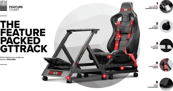 Zwarte racestoel met rode gordels, 'Next Level Racing'-logo en functies aangegeven met nummers.