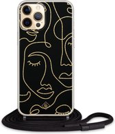 iPhone 12 hoesje met koord - Abstract faces | Apple iPhone 12 crossbody case | Zwart, Transparant | Geometrisch patroon