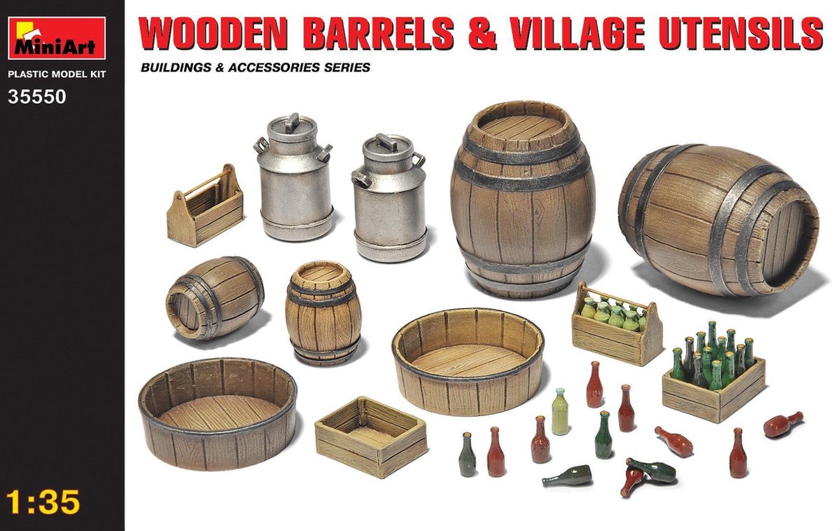 MiniArt Modelbouwpakket Militaire voertuigen - 35550 Wooden barrels - Village utensils Plastic - 1:35 - Modelbouw