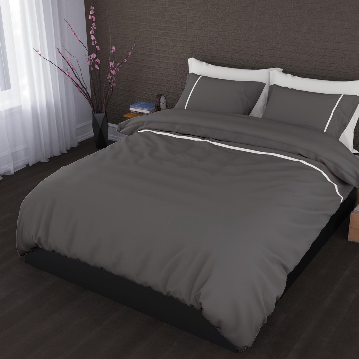 Premium Egyptisch Percale Katoen Litsjumeaux Dekbedovertrek Stripe Antraciet/Wit bol