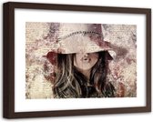 Foto in frame , Mooie vrouw met hoed ,120x80cm , multikleur , wanddecoratie
