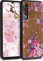 kwmobile telefoonhoesje compatibel met Huawei P30 - Hoesje met bumper in poederroze / paars / bruin - walnoothout - Hout Bloemen design