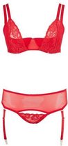 3 delige BH-Set Met Kwart Cups - Rood - Dames Lingerie - 90 D/XL - XL - BH-sets / Lingerie - Rood - Discreet verpakt en bezorgd