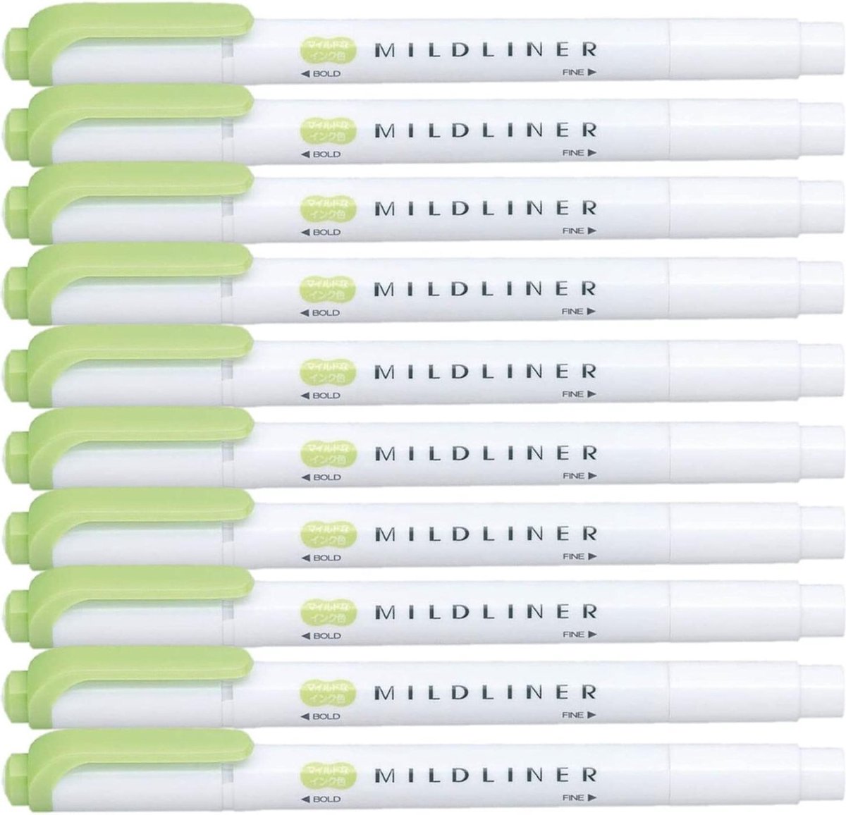 Zebra Mildliner Double-Sided Highlighter - Fine / Bold – Mild Green Set van 10 + een Luxe Zipperbag - WKT7-MG