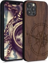 kwmobile telefoonhoesje geschikt voorApple iPhone 12 Pro Max - Hoesje met bumper - walnoothout - In donkerbruin Vintage Kompas design