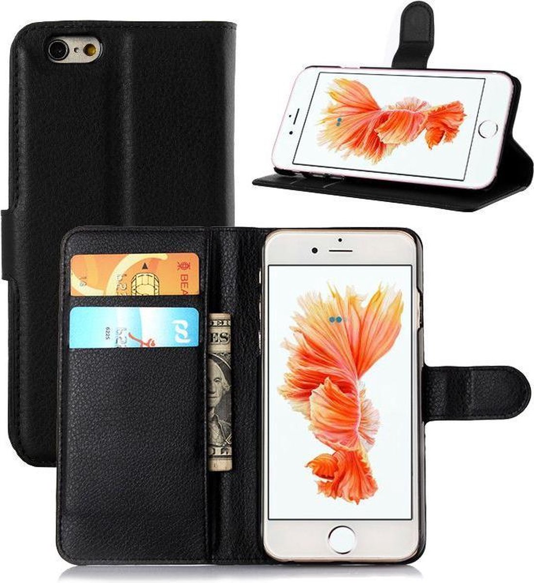 Zwart Leder Booktype Hoesje Wallet Case voor iPhone 6 / 6S Plus