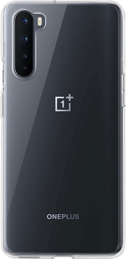 Transparante OnePlus Nord telefoonhoes met camera-eiland en OnePlus logo.