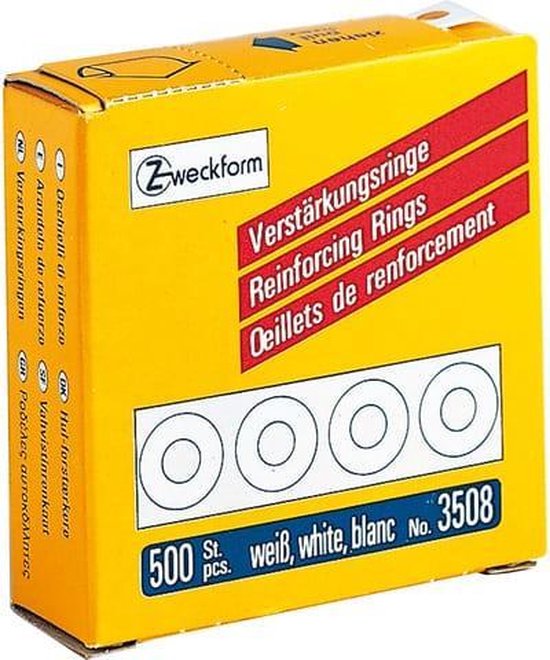 Gele doos met "Versterkingsringen" in rood en wit. Vier witte ringen op de voorkant. 500 stuks.