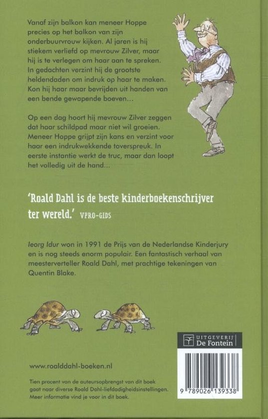 Achterkant boek 'Ieorg Idur' met tekst en illustraties van Roald Dahl en Quentin Blake. Met keurmerk 'Uitgeverij De Fontein'.