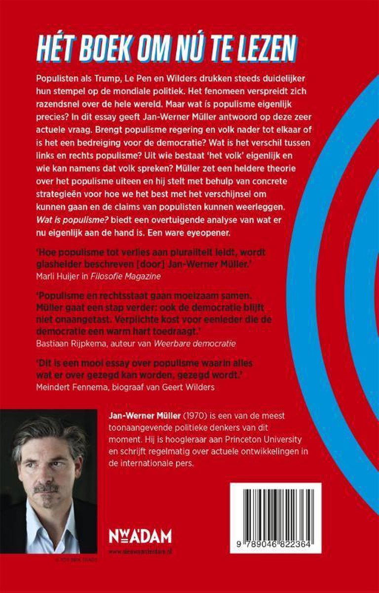 Achterkant van het boek 'Wat is populisme?' met portret van Jan-Werner Müller.