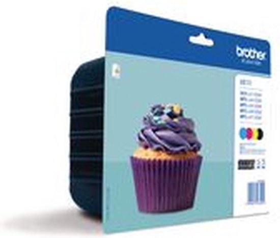 Brother LC123 inktcartridge verpakking met een cupcake met paarse botercrème en gekleurde hagelslag.