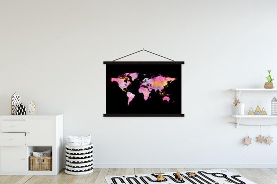 Affiche scolaire - Wereldkaart - Aquarelle - Rose - 150x100 cm - Lattes noires
