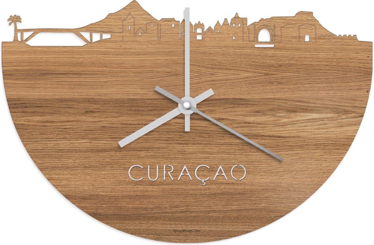 Skyline Klok Curaçao Eikenhout - Ø 40 cm - Stil uurwerk - Wanddecoratie - Meer steden beschikbaar - Woonkamer idee - Woondecoratie - City Art - Steden kunst - Cadeau voor hem - Cadeau voor haar - Jubileum - Trouwerij - Housewarming - WoodWideCities