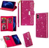 Voor iPhone XS Max Multi-kaartsleuven Sterrenhemel Lasergravure Glitter Rits Horizontale Flip Leren Case met Houder & Portemonnee & Lanyard (Rose Rood)