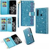 Voor Geschikt voor Xiaomi Redmi Note 8 Multi-card slots Sterrenhemel Laser Carving Glitter Rits Horizontale Flip lederen tas met houder & portemonnee & Lanyard (hemelsblauw)