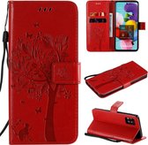 Voor Samsung Galaxy A51 5G Tree & Cat reliÃ«fpatroon Horizontale flip lederen tas met houder & kaartsleuven & portemonnee & lanyard (rood)