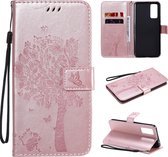 Voor Huawei Honor 30 Tree & Cat reliÃ«fpatroon Horizontale flip lederen tas met houder & kaartsleuven & portemonnee en lanyard (rose goud)