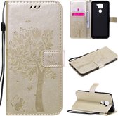 Voor Xiaomi Redmi Note 9 Tree & Cat reliÃ«fpatroon Horizontale flip lederen tas met houder & kaartsleuven & portemonnee en lanyard (goud)