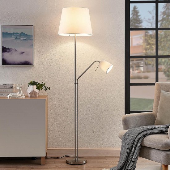 Lindby - lampadaire - 1 lumière - tissu, métal - H : 175 cm - E27 - blanc, nickel satiné