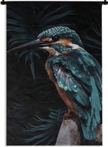 Wandkleed VogelKerst illustraties - Blauw met bruine vogel tegen een zwarte achtergrond Wandkleed katoen 60x90 cm - Wandtapijt met foto