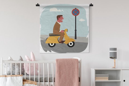 Tapisserie Illustration Vespa - Illustration d'un homme sur une Vespa Tapisserie coton 90x90 cm - Tapisserie avec photo