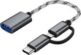 USB 3.0 vrouwelijk naar micro USB + USB-C / Type-C mannelijk opladen + transmissie OTG nylon gevlochten adapterkabel, kabellengte: 17cm (grijs)