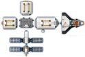 Overzichtstekening van LEGO ruimtestation met shuttle, modules en satelliet, met afmetingen.