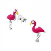Oorbellen meisje | Zilveren kinderoorbellen | Zilveren oorstekers, flamingo met kristal