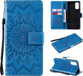 Voor OPPO Reno4 Sun Embossing Pattern Horizontale Flip lederen tas met kaartsleuf & houder & portemonnee & lanyard (blauw)