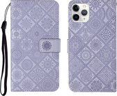 Etnische stijl reliëf patroon horizontale flip lederen tas met houder & kaartsleuven & portemonnee & lanyard voor iPhone 11 Pro Max (paars)