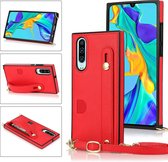 Voor Huawei P30 polsband PU + TPU schokbestendige beschermhoes met crossbody lanyard & houder & kaartsleuf (rood)