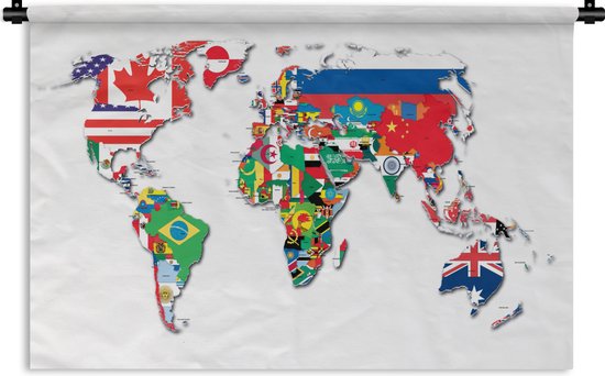 Wandkleed Trendy wereldkaarten - Een wereldkaart met alle vlaggen Wandkleed katoen 90x60 cm - Wandtapijt met foto