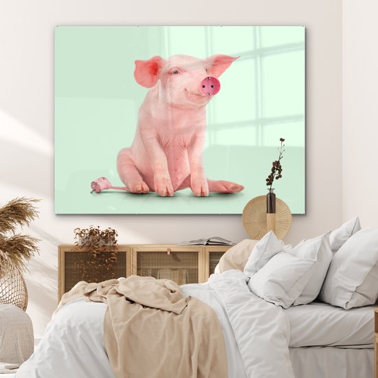 MuchoWow® Glasschilderij 160x120 cm - Schilderij acrylglas - Varken - Roze - Stopcontact - Dieren - Foto op glas - Schilderijen