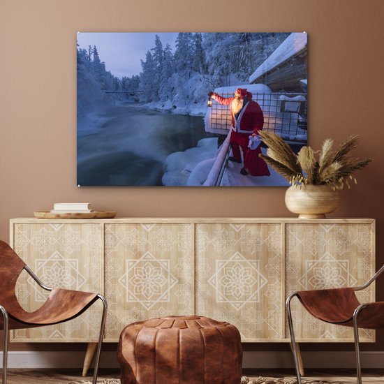 MuchoWow® Peinture sur verre 90x60 cm - Peinture sur verre acrylique - Père Noël avec lanterne dans des rapides froids dans le parc national finlandais d'Oulanka - Photo sur verre - Peintures