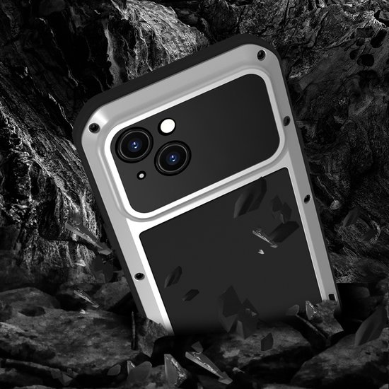 Coque pour iPhone 15 Plus – Love Mei – Coque de Protection Extreme en métal – Gris argenté – Coque de téléphone portable – Coque de téléphone adaptée pour iPhone 15 Plus