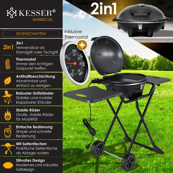 KESSER® Elektrische Barbecue 2in1 Tafelgrill 2400W - Staande Grill BBQ met deksel, Thermometer en Grillplaat - Tafelbarbecue Antiaanbaklaag met Opbergtafel en 2 wielen - Zwart van KESSER — afbeelding 5