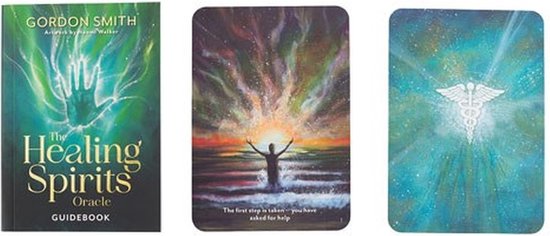 Gorden Smith's 'The Healing Spirits Oracle' guidebook met op de kaft een gloeiende hand. Twee kaarten: een met een silhouet van een persoon die naar de sterren kijkt, en een met een caduceus.